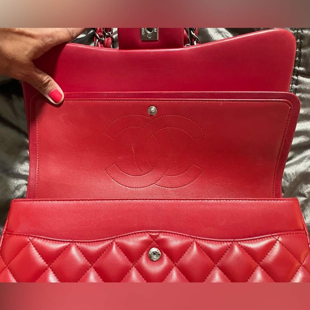 Authentic CHANEL Lipstick Red Leather Jumbo Double Flap Bag SHW RARE - Picture 11 of 12
